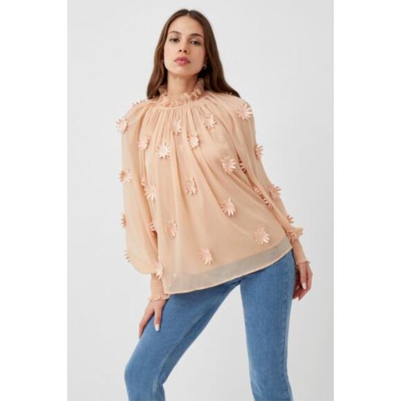 FRENCH CONNECTION Aziza Lace Long Sleeve Top Clay Nude Floral Applique {Q50} - Picture 3 of 7